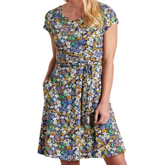 🌿 Toad & Co. Cue Wrap Short Sleeve Dress | True Navy Garden | Sz L - Picture 1 of 6